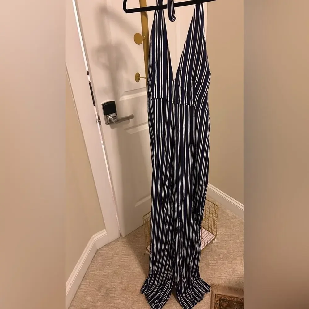 Jack by BB Dakota Navy Striped Halter Wide-Leg Jumpsuit – Size 6